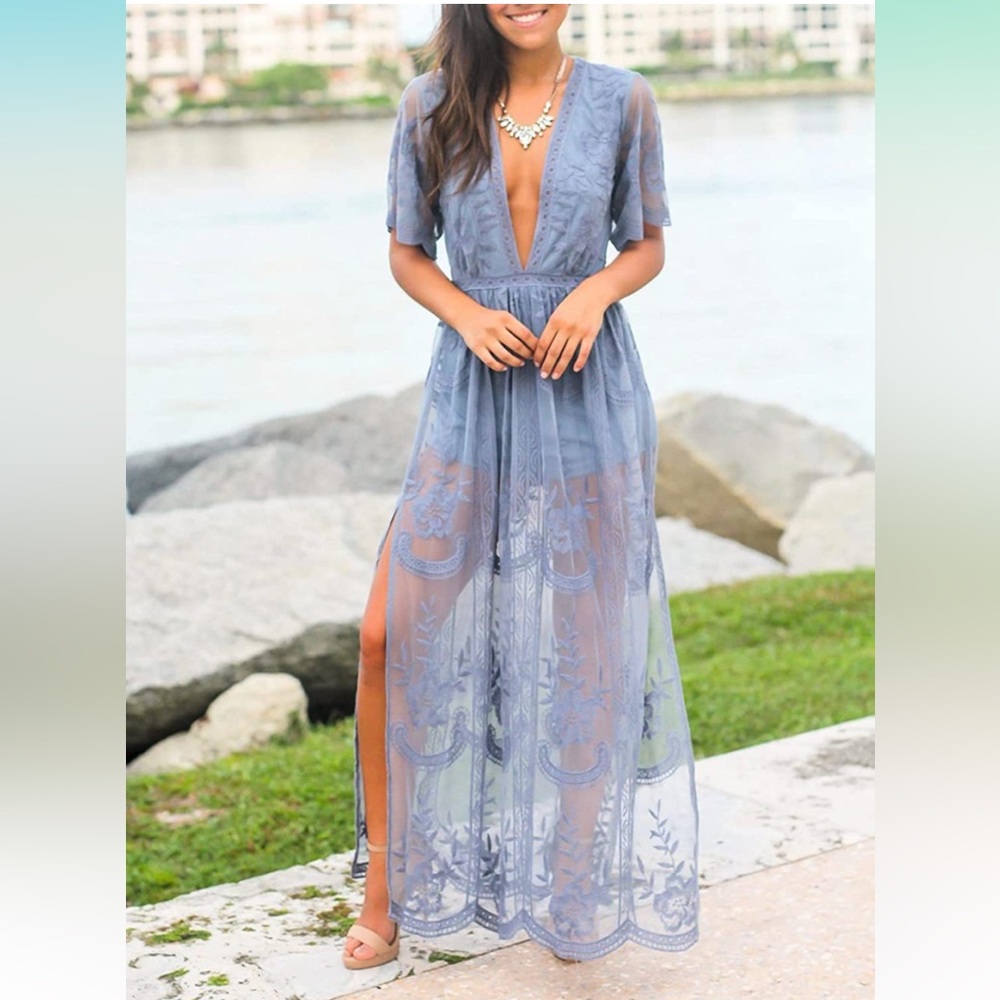 Brand New with tag Deep V Sheer Lace Maxi with Romper Lining